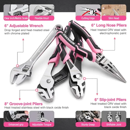 Vista 8 de WORKPRO Juego de herramientas para el hogar de 157 piezas con taladro eléctrico de 20 V y WORKPRO 43 piezas, juego de herramientas rosa con taladro