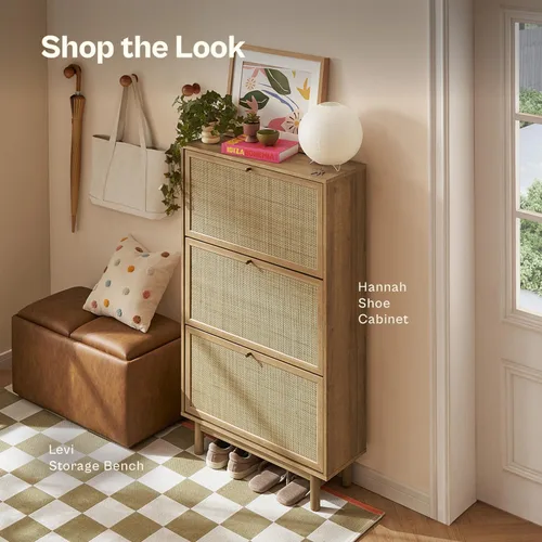 Vista 9 de mopio Hannah - Gabinete para zapatos, organizador de almacenamiento de zapatos estilo granja de ratán natural, estante de armario de 3 puertas