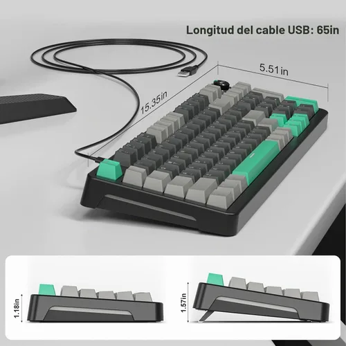 Vista 6 de Teclado mecánico AK96 con pantalla inteligente y perilla, montaje superior 96% teclado mecánico con cable USB-C, intercambiable en caliente, soporte