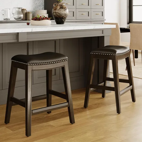 Vista 5 de DTY Indoor Living Durango - Taburete de silla de montar de 24 pulgadas, altura de mostrador, gris desgastado, cuero negro Cuero gris desgastado/negro