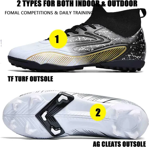 Vista 4 de MEBAMY Botines de fútbol para hombre, suela de goma, cómodos zapatos de fútbol para exteriores, botas de fútbol antideslizantes de cuero de velocidad