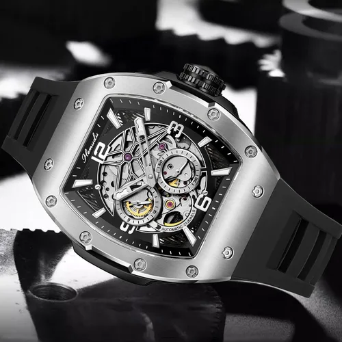 Vista 4 de HEMUDU Tonneau - Reloj mecánico automático para hombre, esqueleto de lujo, 50M, impermeable, ajustable, correa de silicona, reloj de negocios