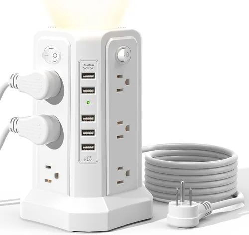 Vista 15 de Regleta de protección contra sobretensiones con torre y 5 puertos USB y luz nocturna, cable de extensión de 10 pies con 12 tomas múltiples de CA