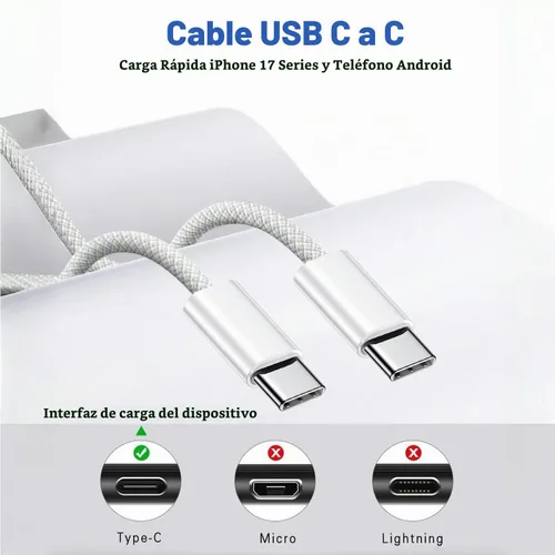 Vista 3 de Cargador para iPhone 17 de carga rápida, cargador rápido USB C y cable tejido USBC a C de 3 pies tipo C para Apple iPhone 17e/17/17 Pro Max/17
