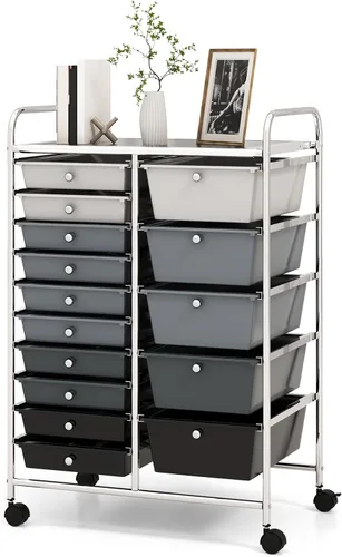 Vista 27 de DREAMADE Carrito de almacenamiento con ruedas de 15 cajones, carrito de manualidades móvil con ruedas con cerradura, cajones de plástico extraíbles