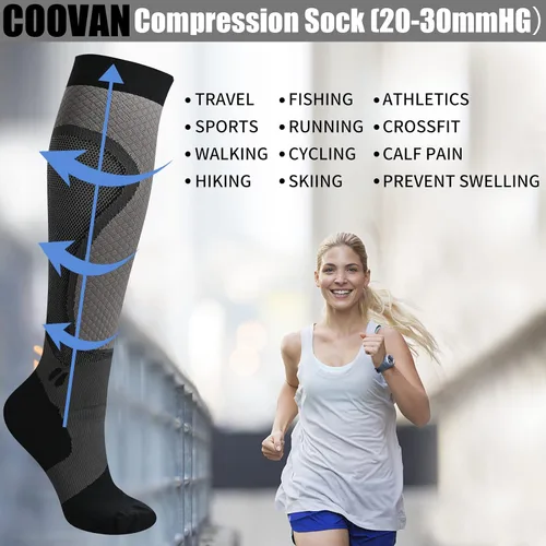 Vista 8 de COOVAN Calcetines de compresión para hombres y mujeres de 20 a 30 mmHg, medias de compresión altas para correr