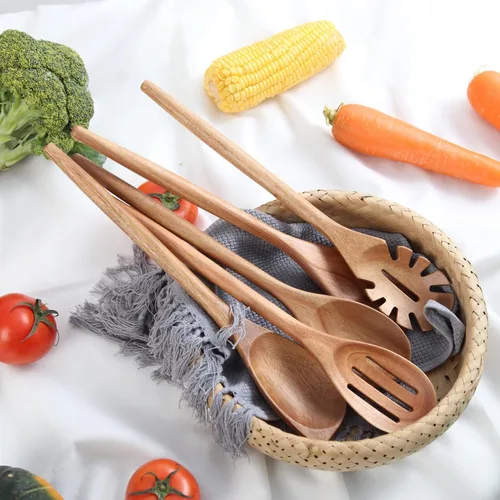 Vista 7 de 2 cucharas de madera de acacia para cocinar, cucharas de cocina de acabado liso de 14 pulgadas, cucharas de madera de agarre cómodo para cocinar