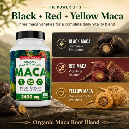 Vista 2 de Cápsulas de raíz de maca orgánica para mujeres y hombres, 2400 mg por porción, 150 píldoras, suplemento de maca negra, roja y amarilla, raíz de maca