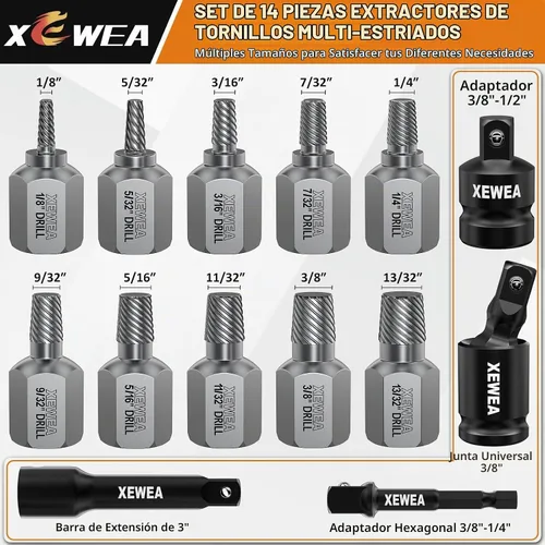 Vista 2 de XEWEA 14PCS 3/8" Drive Screw Extractor Set，Multi-Spline Easy Out