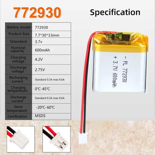 Vista 4 de 3.7V 600mAh 772930 Lipo batería recargable de iones de polímero de litio con conector PH2.0.000 in JST