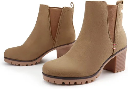 Vista 2 de JABASIC - Botines casuales de ante para mujer con tacón de bloque, botas de meter tipo Chelsea