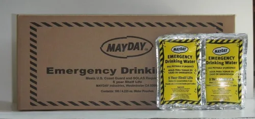 Vista 3 de Mayday, caja con bolsas de agua para emergencia (100 unidades). Preparación para casos de emergencia, supervivencia y viajes con mochila a cuestas.