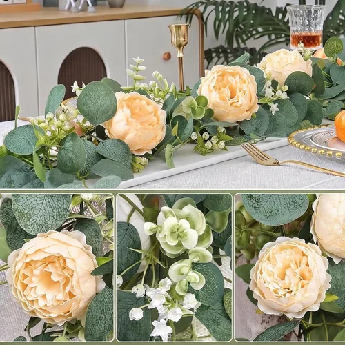 Vista 2 de Guirnalda de flores artificiales de seda de 6 pies con hojas de eucalipto, guirnaldas florales de imitación para boda, arco, puerta, colgar