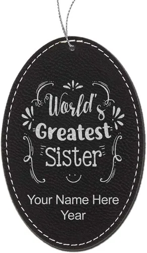 Vista 7 de LaserGram Personalized Christmas Ornament, World's Greatest Sister, Faux Leather, Custom Laser Engraved Gift Idea (Oval Shape, Black with Gold)