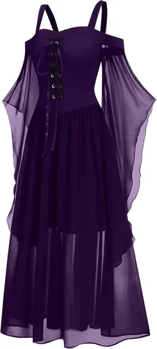 Vista 2 de Vestido gótico para mujer, vestidos de hombros descubiertos de Halloween, talla grande, vestido de manga acampanada, vestido medieval sexy