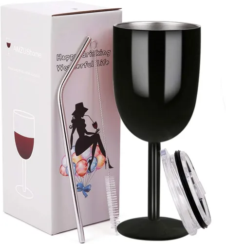 Vista 22 de AMZUShome Copas de vino de acero inoxidable. Vaso de vino de doble pared aislado al vacío con tapa y pajita. Amistad, Navidad, regalos de cumpleaños