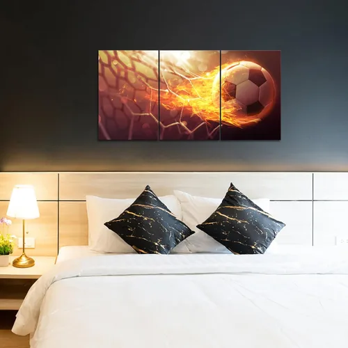 Vista 2 de RnnJoile Arte de pared de fútbol de 3 piezas, balón de fútbol, portería de fuego, lienzo, pintura temática deportiva, impresiones para niños