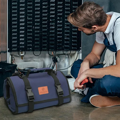 Vista 4 de Organizador de rollo de herramientas Wessleco, bolsa de herramientas con bolsillo para llaves, rollo de llaves para electricistas, bolsa