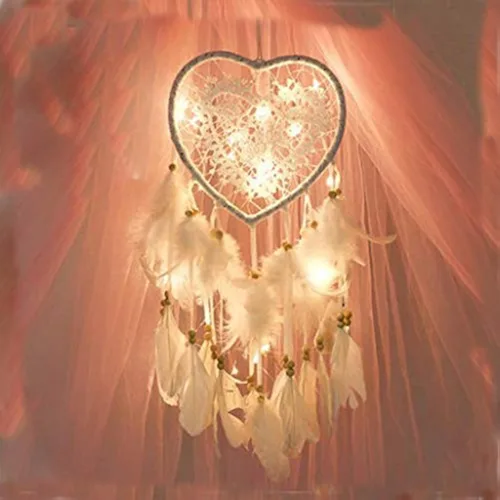 Vista 3 de Skreened - Luces de Navidad, luz LED hecha a mano, atrapasueños con plumas, amor, corazón, atrapasueños, luz nocturna, hogar, mesita de noche