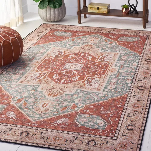 Vista 10 de SAFAVIEH Alfombra lavable Tucson Collection - 2 pies 6 pulgadas x 4 pies, aguamarina y óxido, antideslizante y fácil de limpiar, ideal para sala
