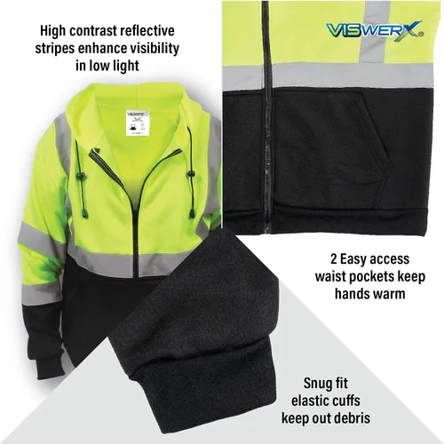 Vista 4 de Sudadera con capucha Hi-Vis con cremallera completa – ANSI CL3 – Sudadera reflectante para trabajo, construcción y zonas de alto tráfico, sudadera