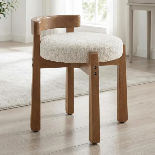 Vista 7 de DUOMAY Taburete de tocador de felpilla beige con respaldo bajo, altura del asiento de 18.75 pulgadas, otomana redonda tapizada, patas de goma