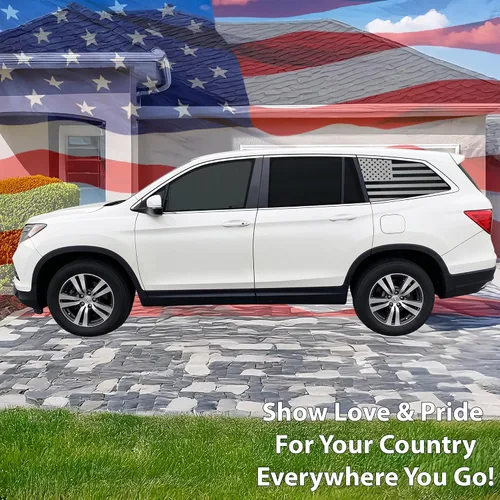 Vista 2 de BOGAR TECH DESIGNS Calcomanía de vinilo precortada con bandera estadounidense para ventana de un cuarto compatible con Honda Pilot 2016-2022, negro