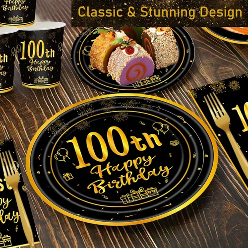 Vista 5 de 120 piezas de suministros para fiesta de cumpleaños número 100, platos, servilletas, vasos, tenedores, juego de vajilla desechable con temática