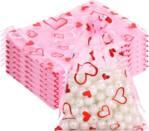 Vista 9 de G2PLUS - Bolsas de organza de corazón, 50 bolsas de regalo con cordón transparente de 4 x 6 pulgadas Pink Mesh Bags with Gold Foil Hearts for
