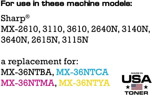 Vista 2 de MADE IN USA TONER Cartucho de repuesto para Sharp MX36NT, MX-2610N MX-2615N MX-3110N MX-3115N MX-3610N (negro, cian, magenta, amarillo, paquete de 4)