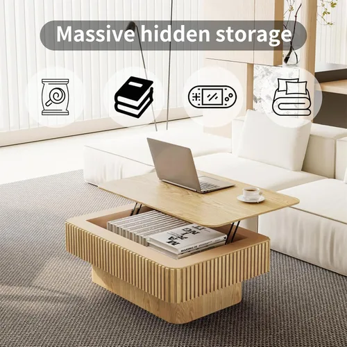 Vista 7 de LKTART Mesa de Centro con Tapa Elevable para Sala de Estar, Mesa de Centro Acanalada de Acento con Almacenamiento, Mesa de Té Central Rectangular