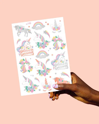Vista 5 de xo, Fetti Recuerdos de fiesta de unicornio – Tatuajes temporales para niños – 26 estilos Suministros para fiesta de cumpleaños, decoraciones