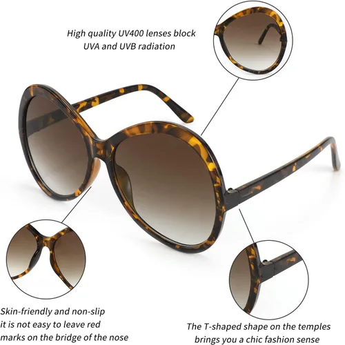 Vista 3 de Gafas de sol redondas retro de gran tamaño para mujer, grandes y vintage, de moda, sombras de conducción, viajes, 70