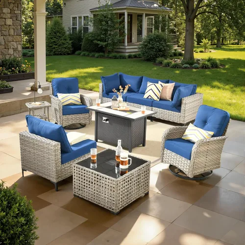 Vista 50 de ovios Muebles de patio de 8 piezas con hoguera, juego de conversación de mimbre de ratán para exteriores con mesa de centro brillante, cómodo sofá