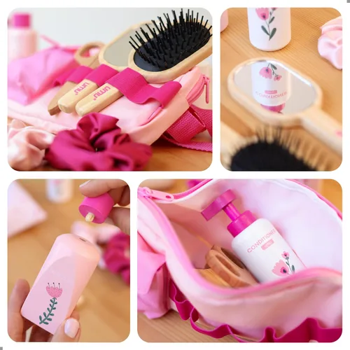 Vista 3 de UMU® Juego de peluquería de madera – 17 piezas de juguete de peluquería con secador de pelo, alisador, peine de espejo y accesorios – Diseño