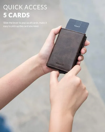 Vista 2 de VULKIT Cartera plegable de cuero con compartimento para billetes, ventana de identificación y moneda