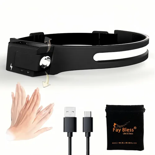 Vista 11 de Fay Bless USB tipo C recargable LED sensor faro con ángulo ajustable (HeadlampBand-JP-Negro 2PCS)
