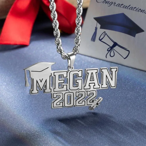 Vista 2 de AILIN Collar de graduación personalizado de clase 2023 con nombre de acero inoxidable, gorra de soltero con nombre, regalo para hombres, novios