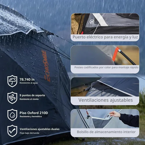 Vista 6 de EchoSmile Tiendas de campaña para camping, tienda impermeable a prueba de viento con múltiples postes, tienda de campaña de cúpula amplia para 3-5