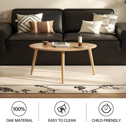 Vista 3 de Mesa de centro ovalada pequeña, de 33.5 pulgadas, mesa de centro moderna de mediados de siglo para sala de estar, mesa auxiliar 100% madera de roble