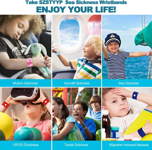 Vista 11 de Bandas contra el mareo por movimiento para niños, pulseras para alivio del mareo de viaje, bandas antináuseas para mareo matutino en automóvil y mar