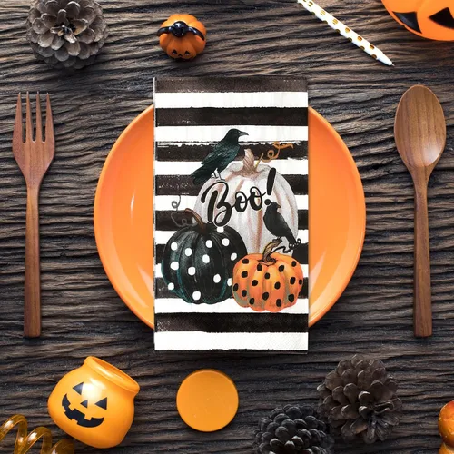 Vista 6 de Servilleta de papel de 3 capas desechable para invitados de Halloween, toalla de mano con rayas de calabaza y cuervo, servilletas de cena