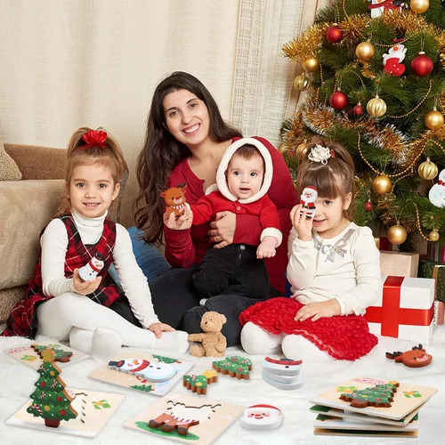 Vista 6 de FOIMAS Rompecabezas de madera de Navidad para niños pequeños, paquete de 4 rompecabezas de madera de Papá Noel, muñeco de nieve, reno, para niños