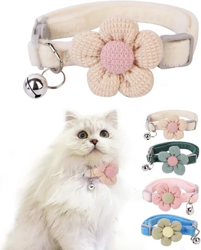 Vista 14 de Collar de gato de terciopelo suave con campana, collar ajustable para Rosa (Flower Pink)