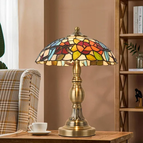 Vista 7 de Lámpara de mesa estilo Tiffany, lámpara de mesa de vidrio manchado, lámpara de decoración antigua artesanal para mesita de noche, dormitorio, sala