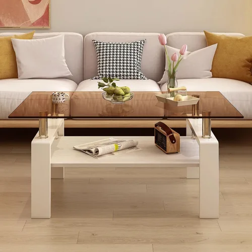 Vista 9 de Mesa de centro rectangular de vidrio para sala de estar, con mesa de vidrio templado y capa de MDF, para sala de estar y oficina