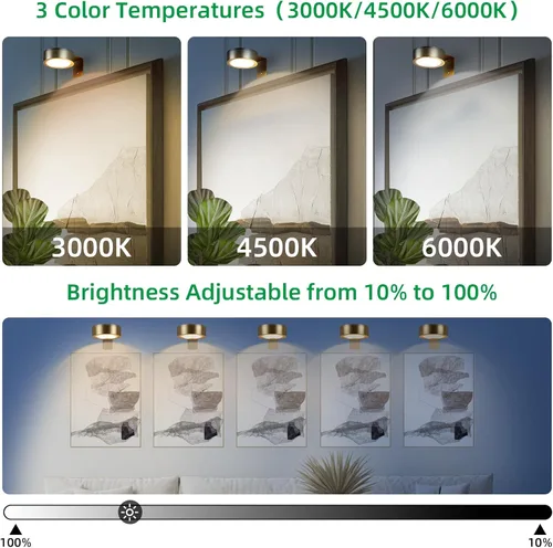 Vista 2 de Paquete de 2 luces inalámbricas para cuadros de pared, luz para cuadros recargable que funciona con batería con control remoto, luz regulable