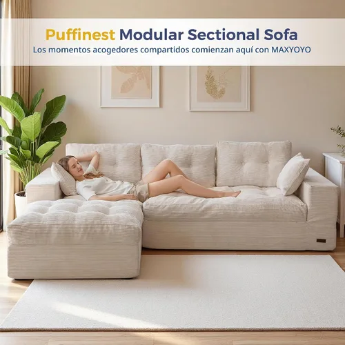 Vista 3 de MAXYOYO Sofá modular modular en forma de L de 96 pulgadas con otomana, sofá sin hueso con cojín en capas, sofá tapizado en una caja, combinación