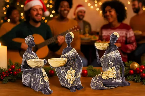 Vista 3 de Lescafita Juego de 3 Portavelas de Dama Africana – Figuras de Resina con Cuencos Dorados para Velas de Té o Velas de Pilar Pequeñas – Estatuas