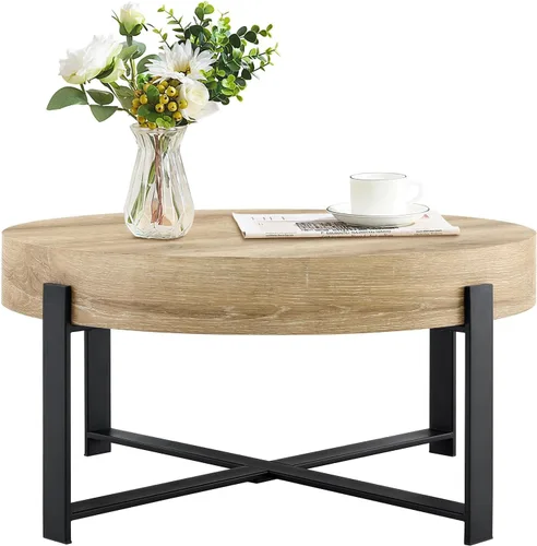 Vista 11 de Mesa de centro redonda de 30.7 pulgadas, mesas de centro modernas para sala de estar, mesa de té circular de madera con patas de metal